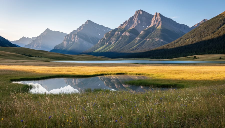 Panoramic view showing the mountains meeting prairie grasslands with Waterton Lake in the distance.