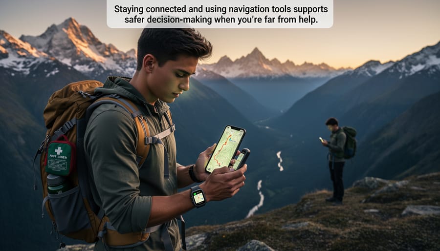 Traveler using a smartphone for navigation in a Canadian forest trail area with unreadable screen