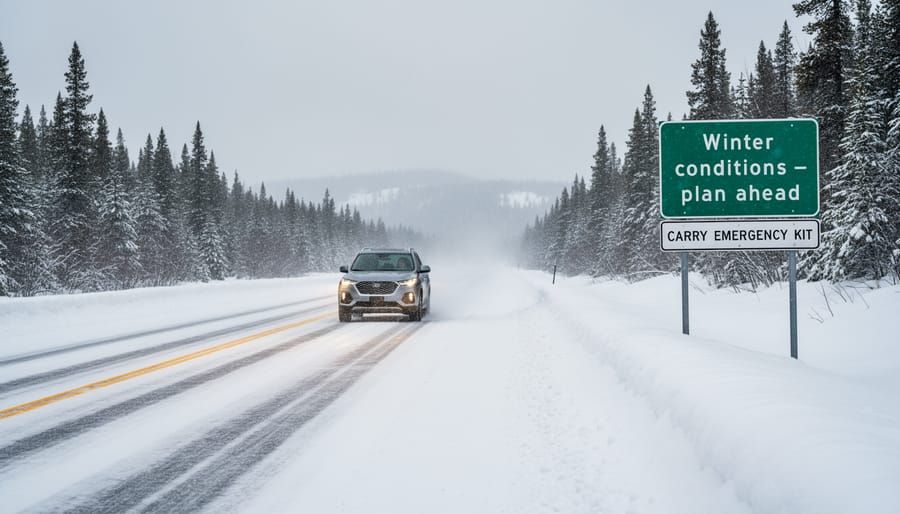 Snowy Canadian roadside with tire tracks and evergreen trees in the distance