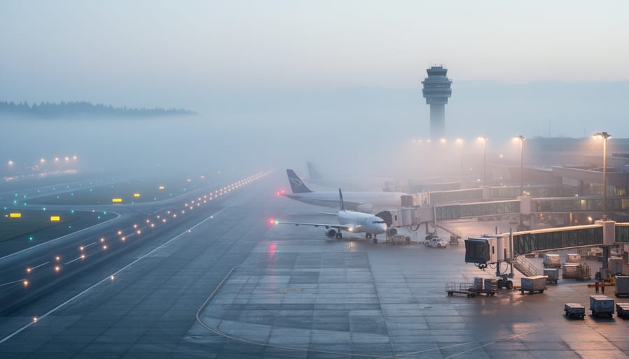 Foggy runway view at Vancouver airport with distant aircraft lights in a hazy atmosphere.